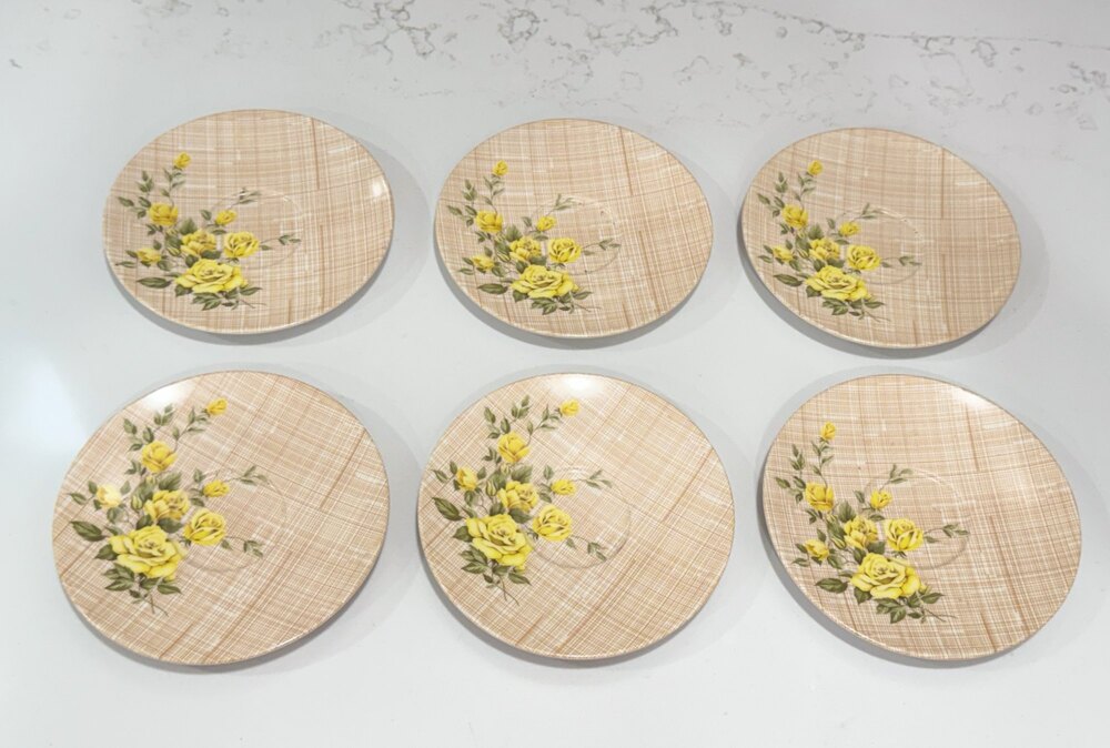 Vintage Texas Ware Melamine Yellow Rose Of Texas Set of 6 Saucer Plates 6" MCM
